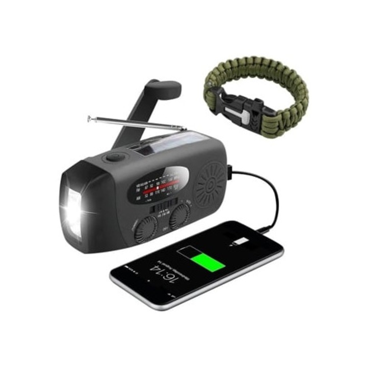 Radio solar cu manivela, generator de urgenta, negru