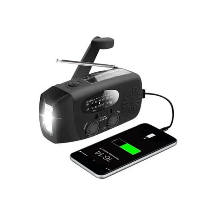 Radio de urgenta cu manivela, solar, flashlight, power bank 2000mAh, negru