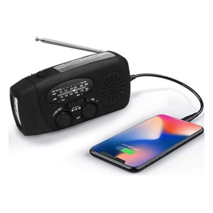 Radio portabil cu manivela, solar, lanterna, incarcator portabil 2000mAh