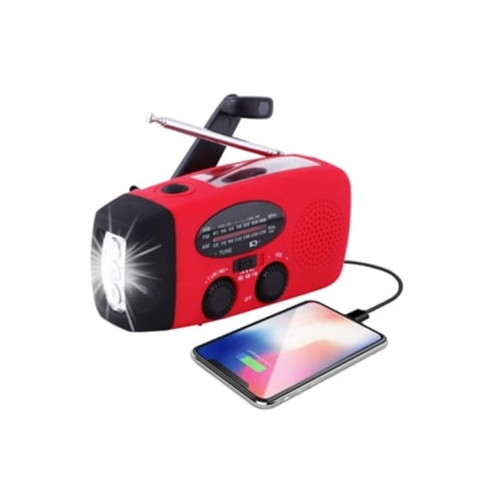 Radio portabil cu manivela, solar, lanterna LED, incarcator SOS 2000mAh
