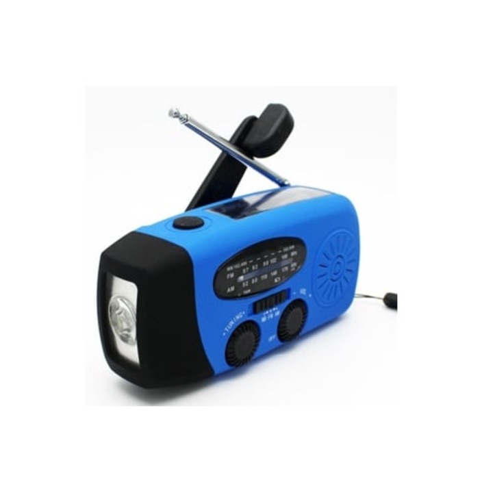 Radio portabil cu manivela 2000mAh, celule solare, lanterna albastra, set