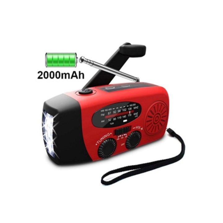 Radio portabil cu panouri solare, lanterna LED, incarcator 2000 mAh, set