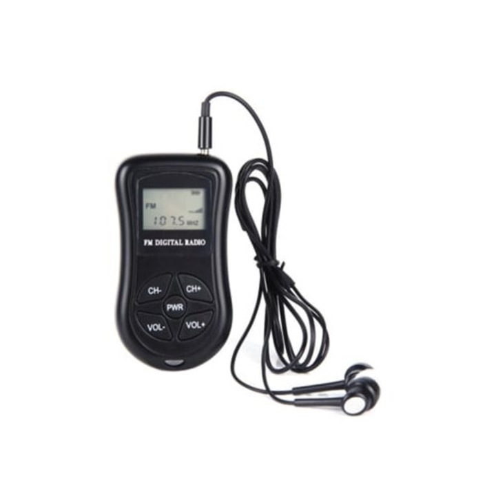 Hordozható rádió tokkal és LCD kijelzővel, FM, fejhallgatóval és kábellel, szett