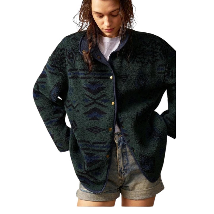 Jacheta dama, casual, verde cu imprimeu boho, material pufos, XS