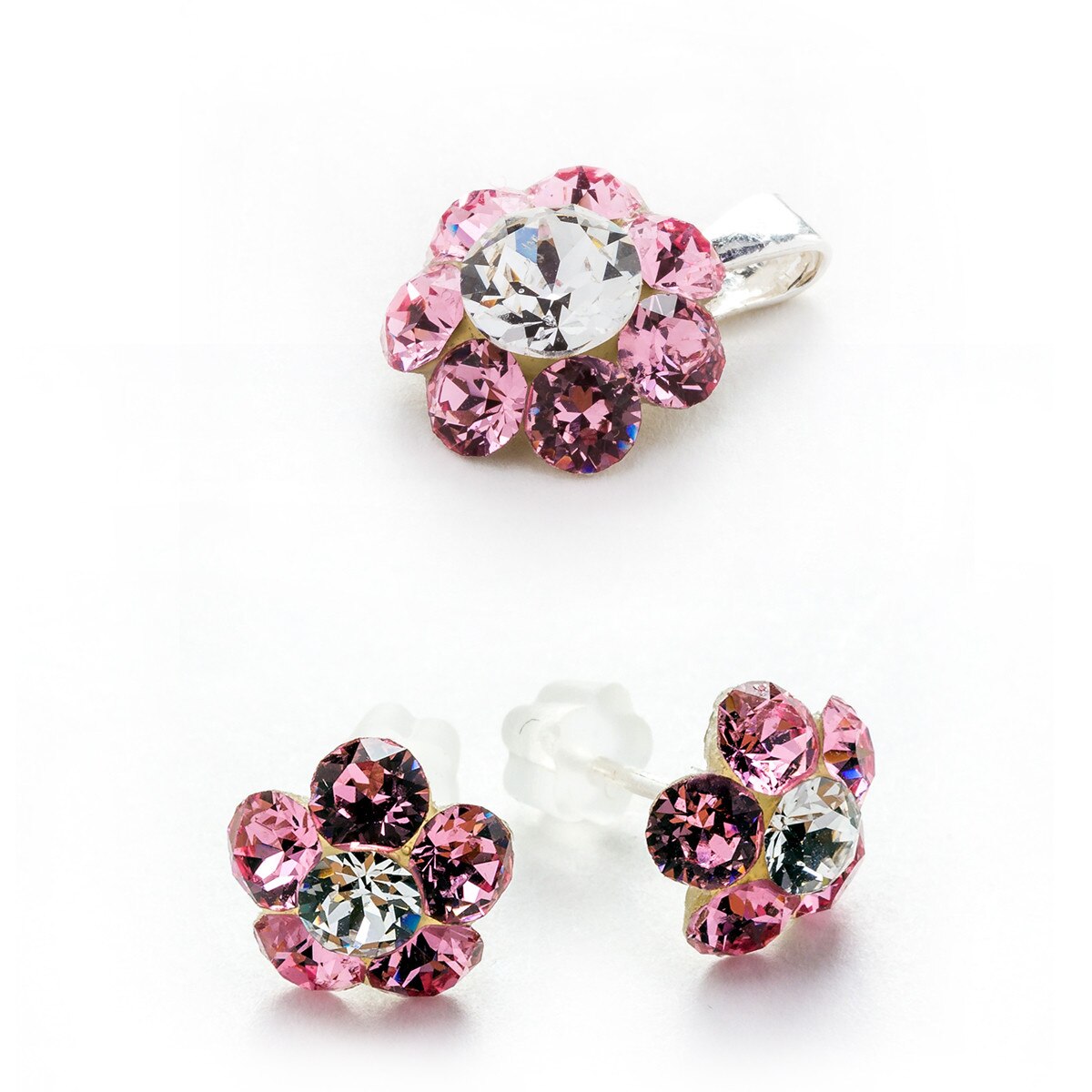 Set Argint DaviCrystals cu cristale cercei floare s cu tija si pandantiv light rose