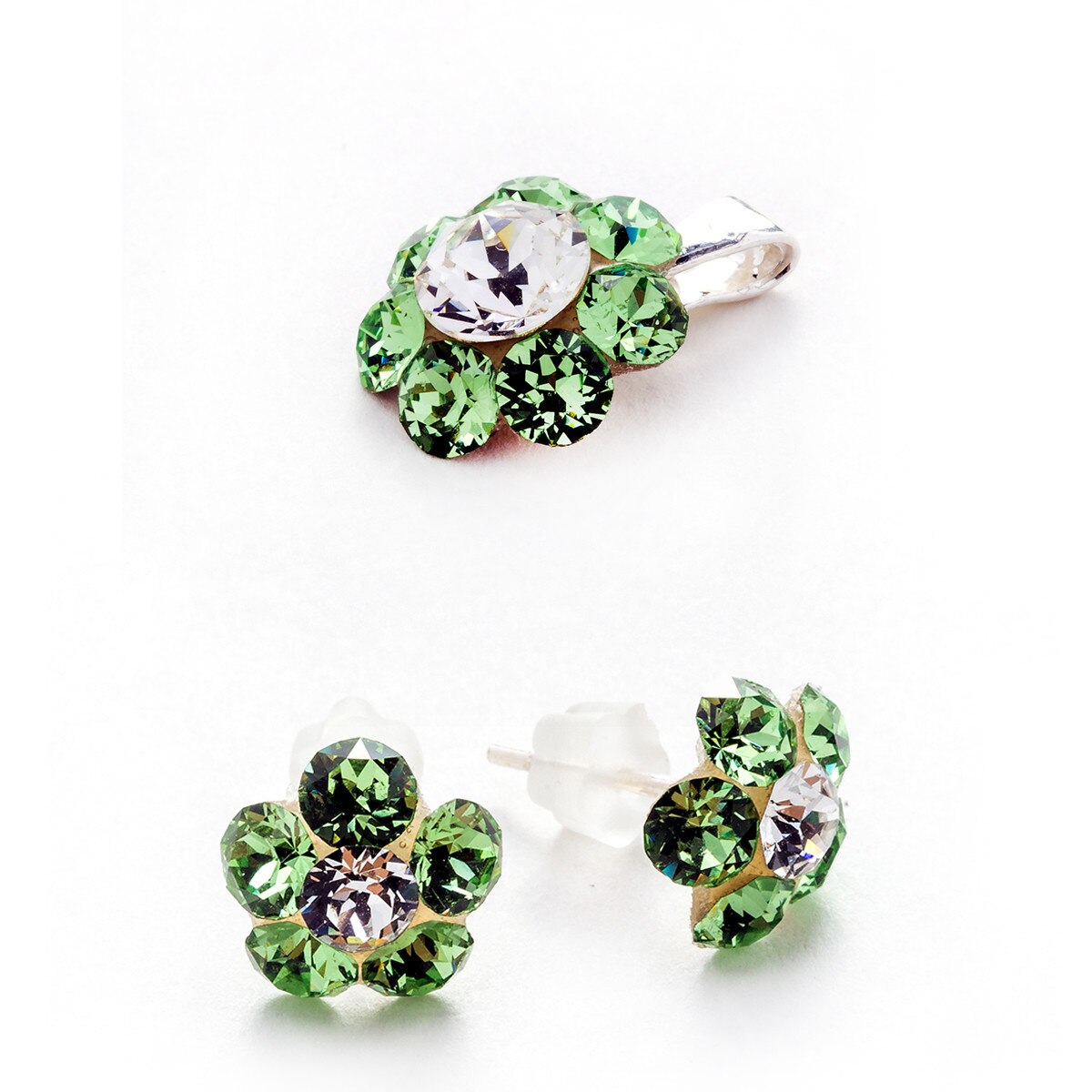 Set Argint DaviCrystals cu cristale cercei floare s cu tija si pandantiv peridot