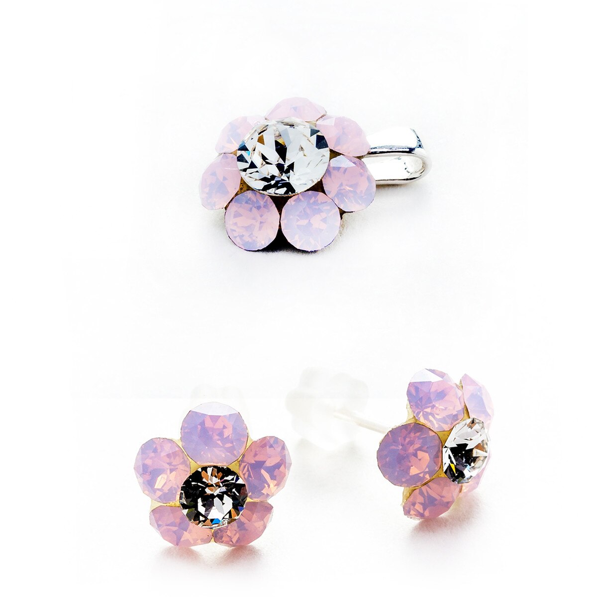 Set Argint DaviCrystals cu cristale cercei floare s cu tija si pandantiv rose water opal