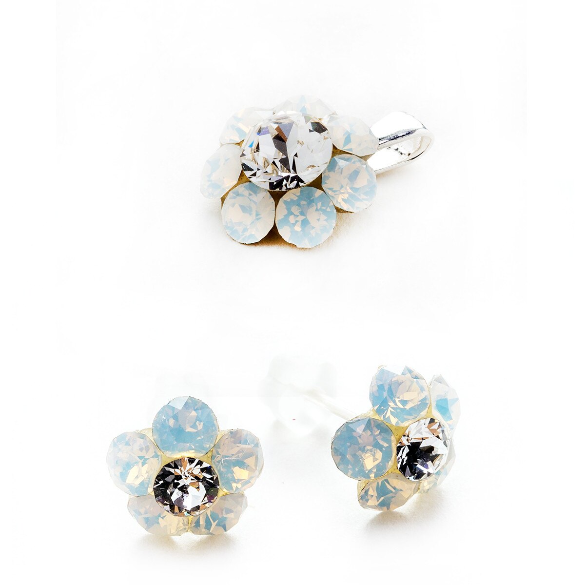 Set Argint DaviCrystals cu cristale cercei floare s cu tija si pandantiv white opal