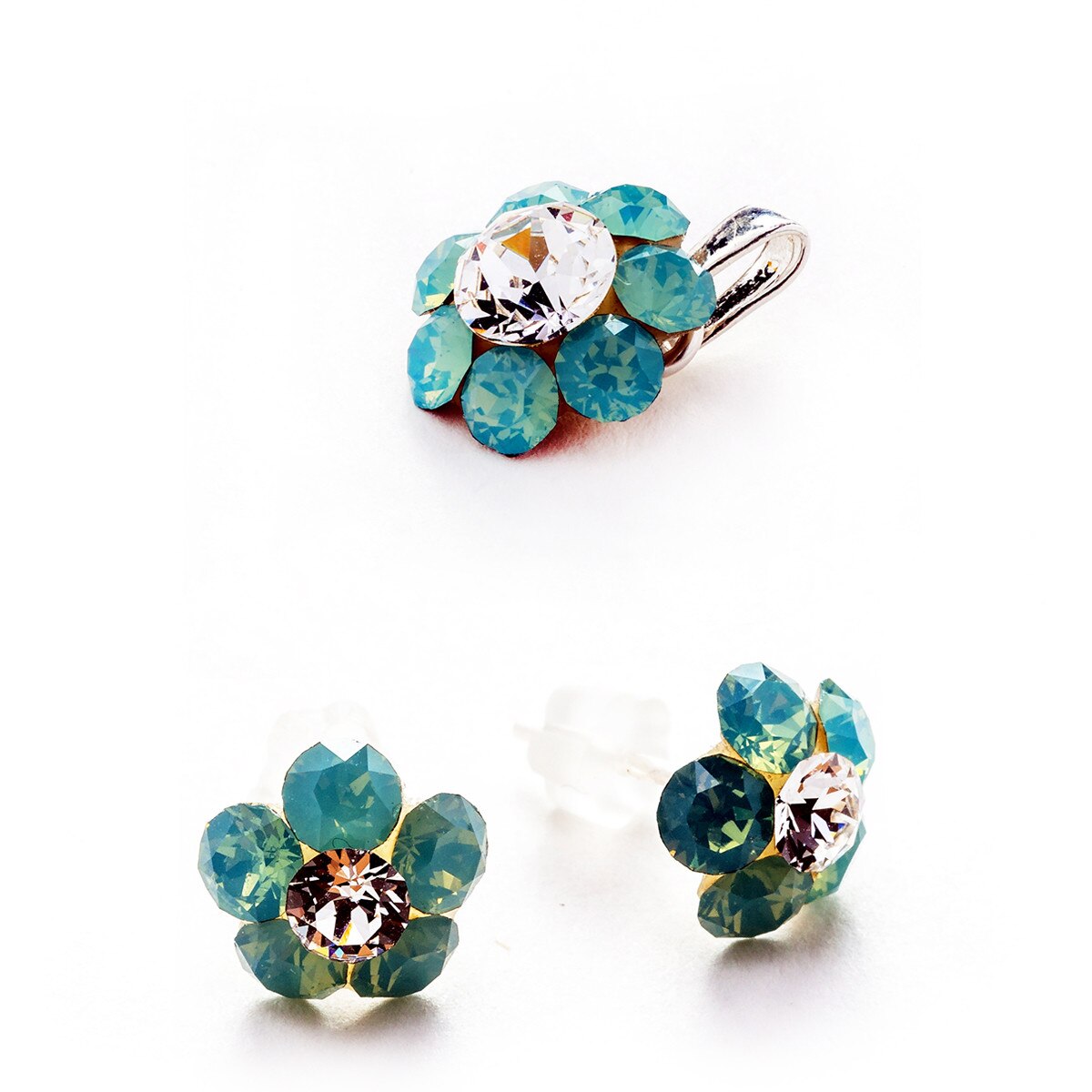 Set Argint DaviCrystals cu cristale cercei floare s cu tija si pandantiv pacific opal