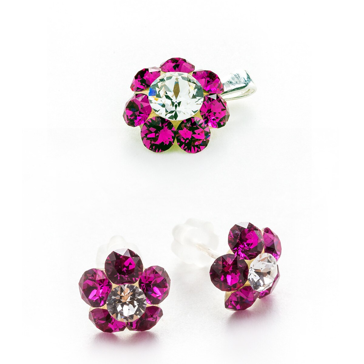 Set Argint DaviCrystals cu cristale cercei floare s cu tija si pandantiv fuchsia