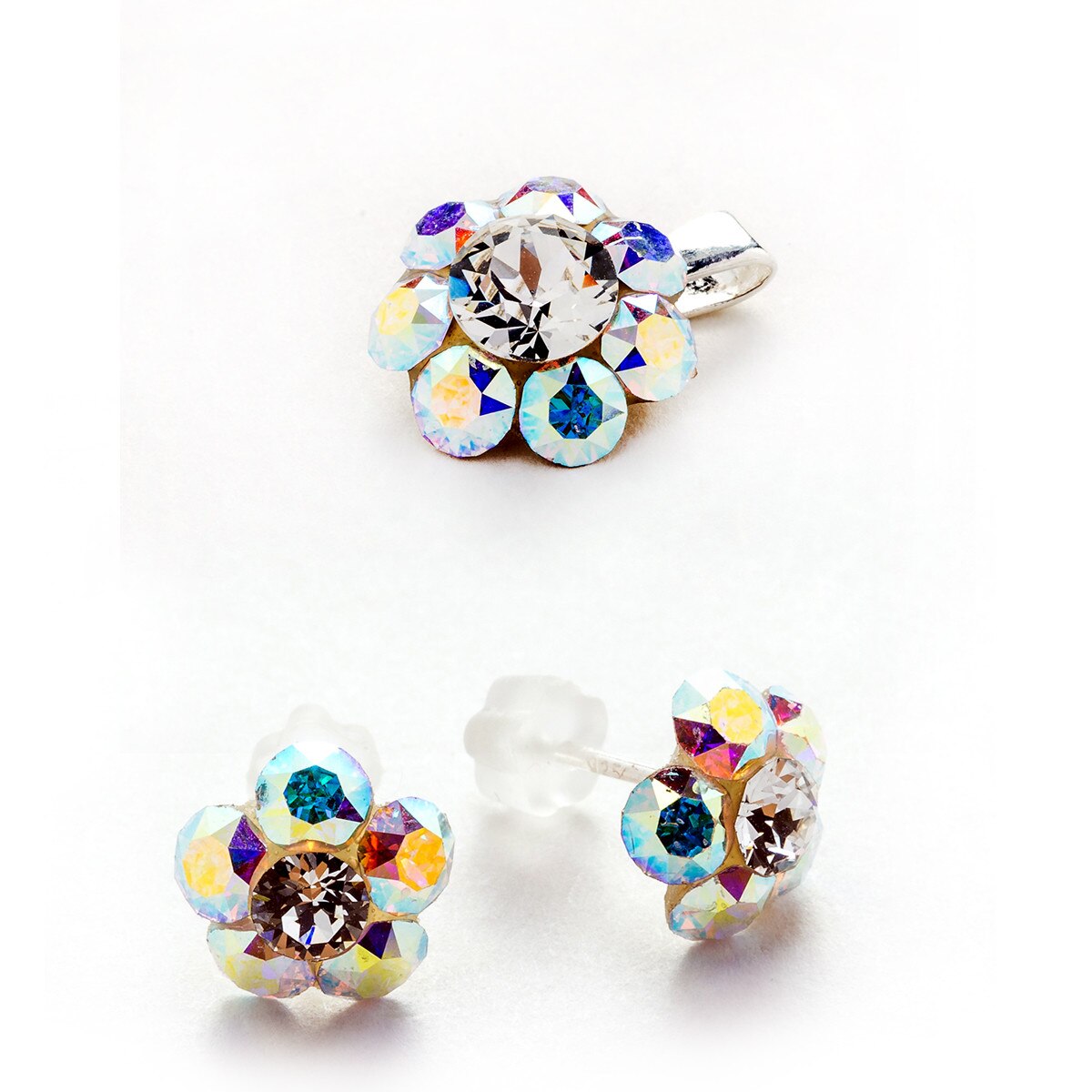 Set Argint DaviCrystals cu cristale cercei floare s cu tija si pandantiv aurore boreale