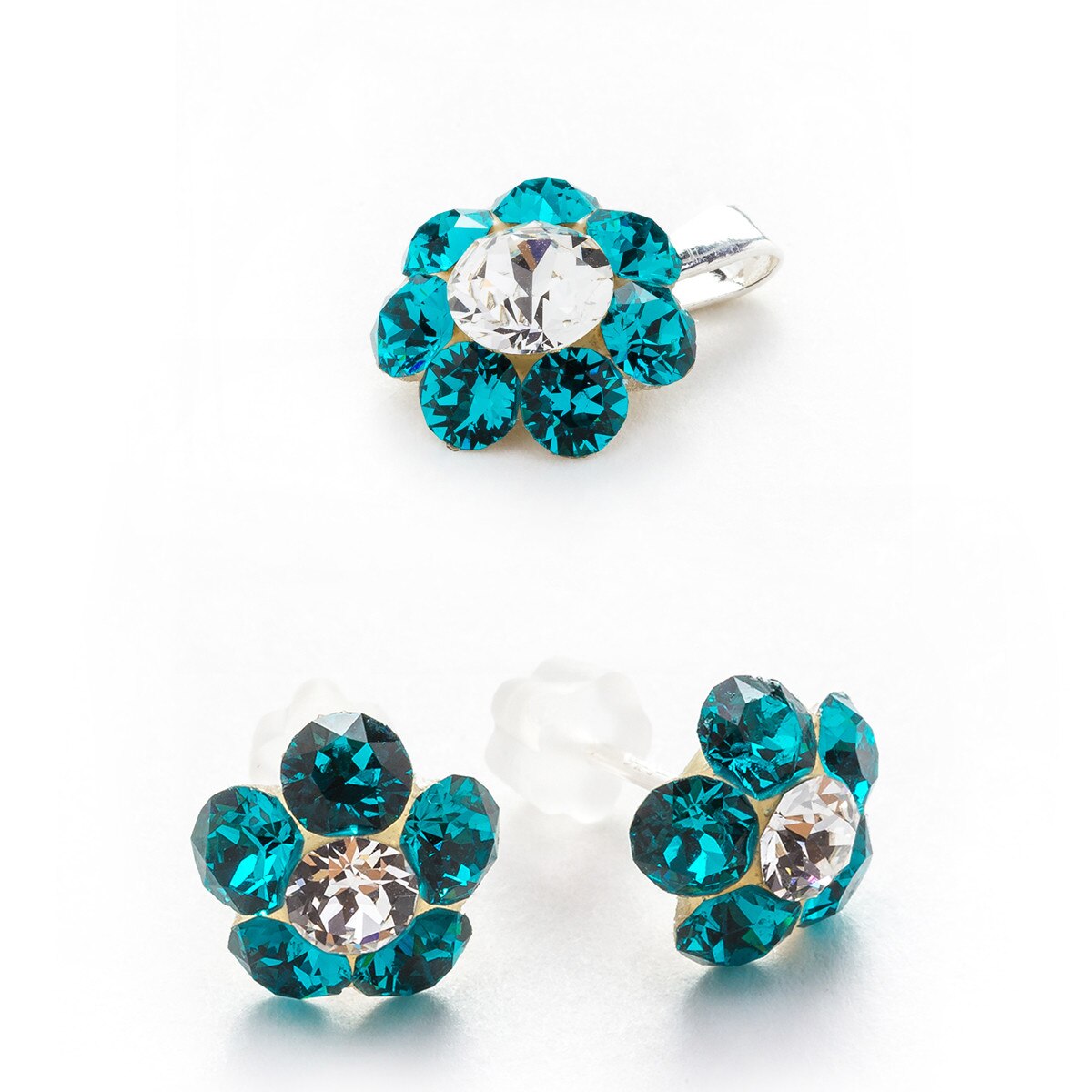Set Argint DaviCrystals cu cristale cercei floare s cu tija si pandantiv blue zircon