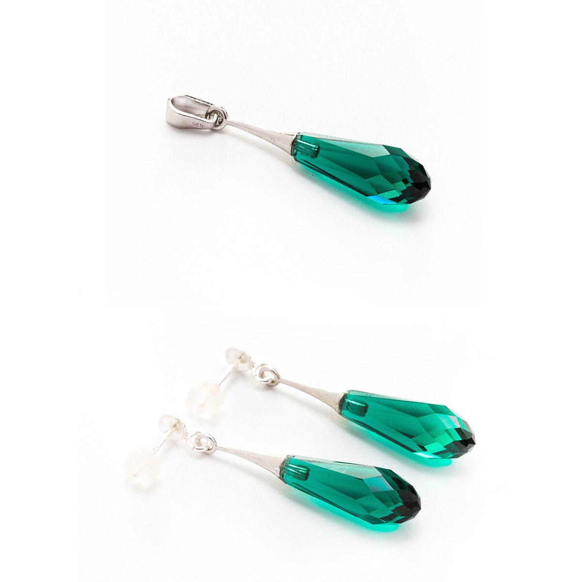 Set Argint DaviCrystals cu cristale cercei briolet mare si pandantiv emerald