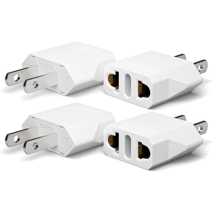 Set adaptor de calatorie cu 4 piese: adaptor pentru priza SUA, adaptor pentru priza Franta-SUA, adaptor pentru priza SUA-Germania, adaptor pentru priza Europa (America/Canada/Mexic/Italia/Elvetia/Brazilia) - Alb