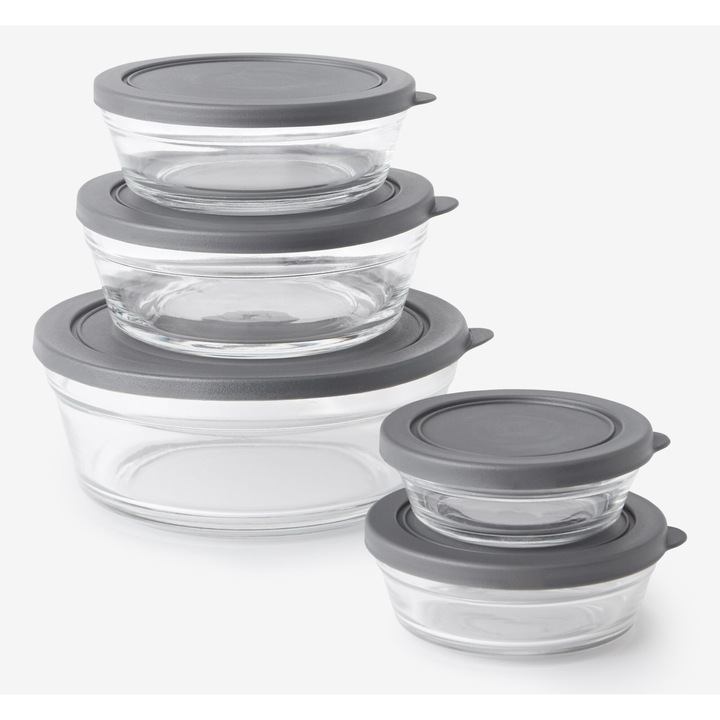 Set 5 recipiente din sticla cu capace etanse, pentru depozitare alimente, reutilizabile, 5 bucati