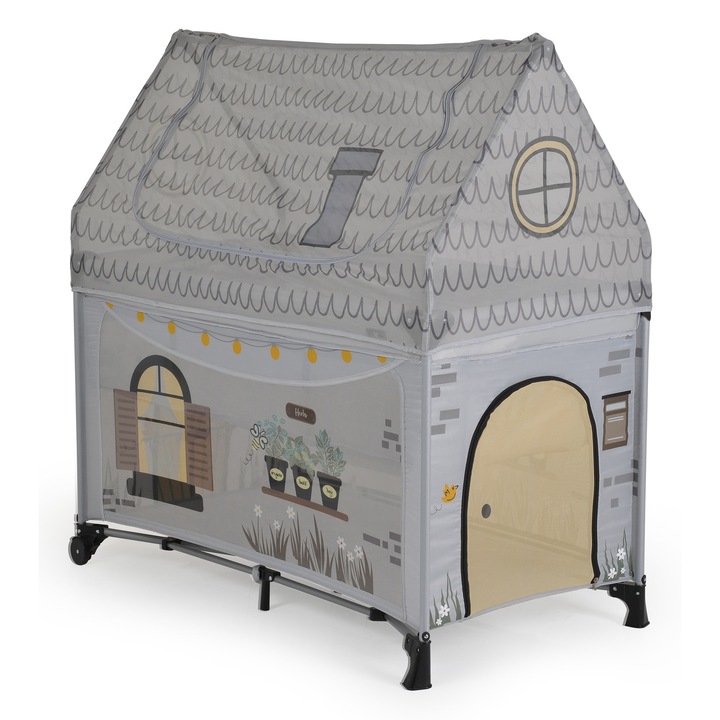 Patut pliabil 2 in 1 Cangaroo Playhouse, cu doua niveluri de inaltime, acoperis detasabil, roti cu frane, usita cu fermoar, 120x60 cm