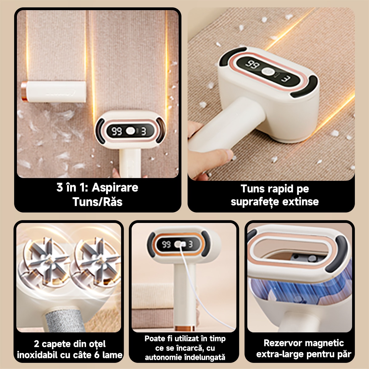 Aparat de tuns scame electric reincarcabil cu afisaj digital – indeparteaza eficient scamele de pe pulovere, paltoane, canapele si paturi, 8000rpm, alb si negru