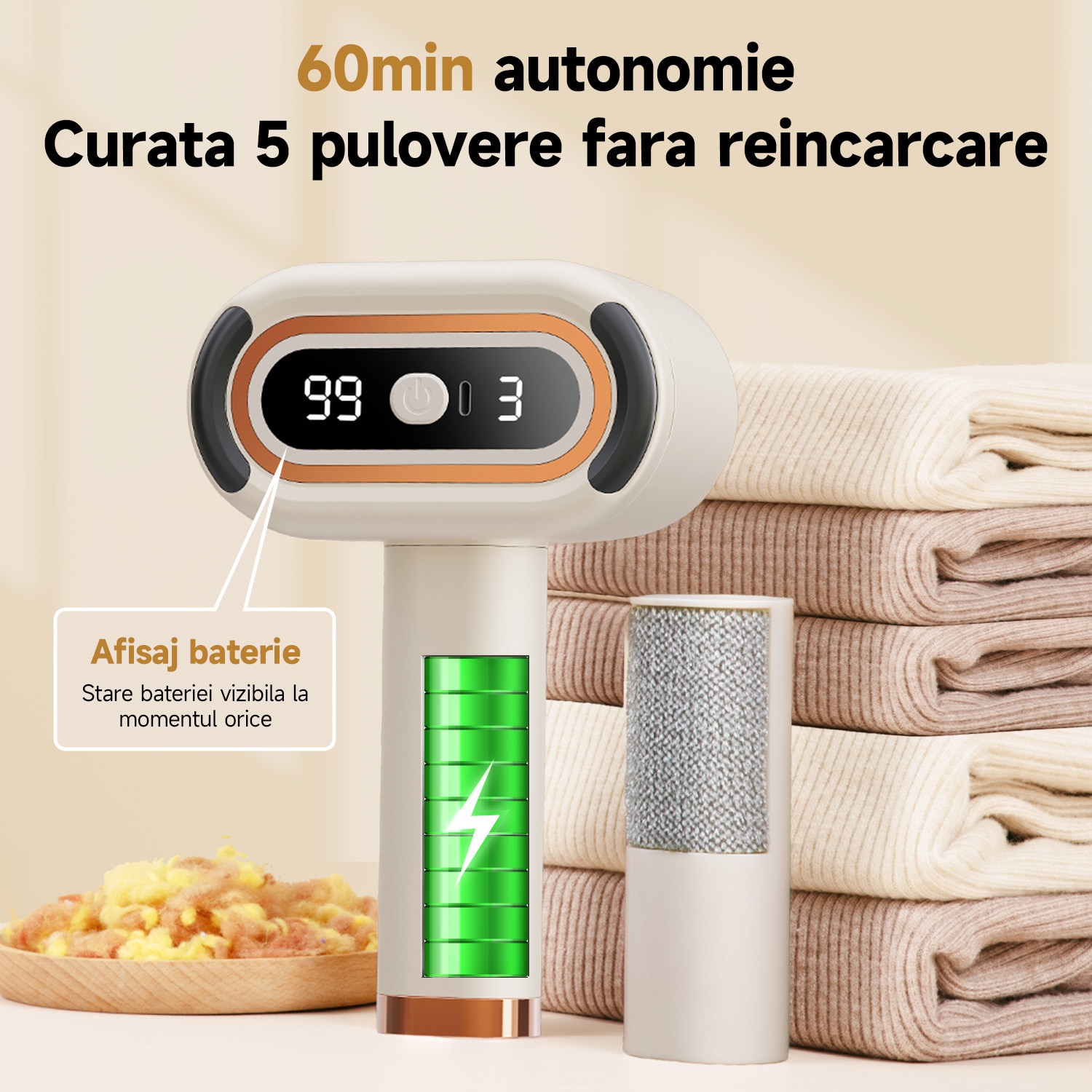 Aparat de tuns scame electric reincarcabil cu afisaj digital – indeparteaza eficient scamele de pe pulovere, paltoane, canapele si paturi, 8000rpm, alb si negru