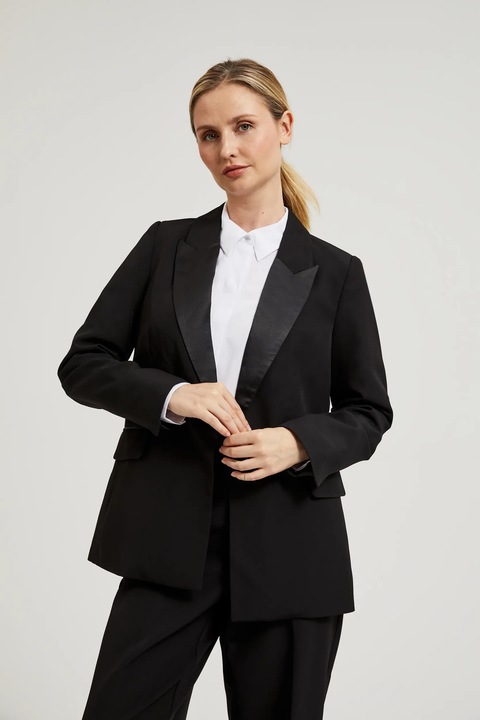 Blazer Elegant cu Rever Decorativ Negru, Negru