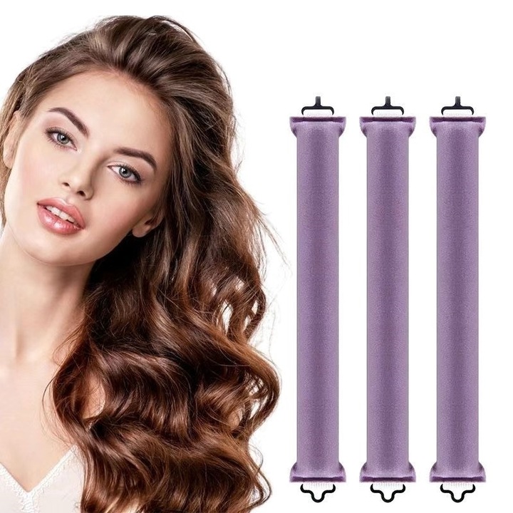 Bastonase pentru Cretirea Parului fara Caldura, din Spuma Moale - Set de 3 Bucati pentru Bucle peste Noapte - Pentru Par Lung si Mediu, Usor de Utilizat, Mov