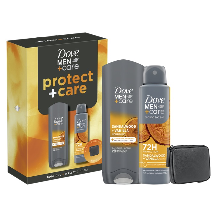Set Cadou Dove Men Protect+Care: Gel de dus Sandalwood, 250 ml + Spray Sandalwood, 150 ml + Portofel
