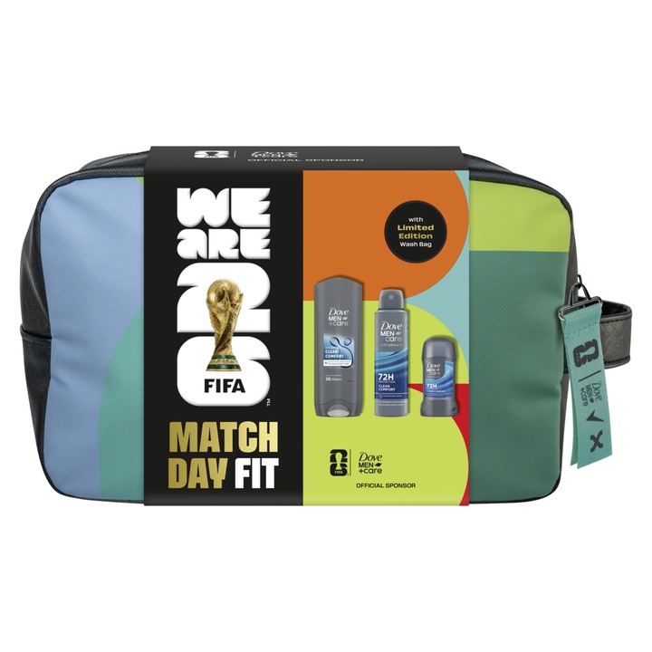 Set Cadou Dove FIFA: Spray Clean Comfort, 150 ml + Gel de dus Clean Comfort, 250 ml + Stick Clean Comfort, 50 ml + Geanta dus FIFA