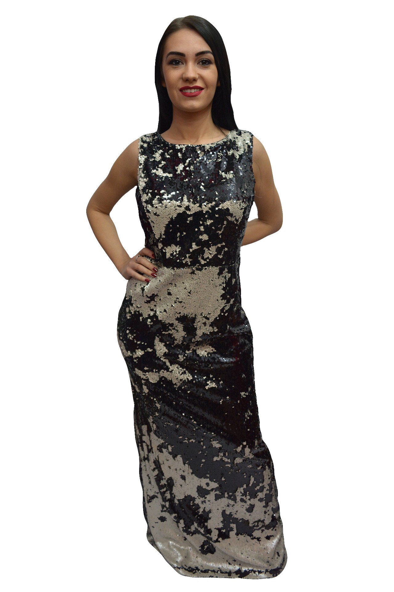 Rochie lunga de ocazie, design de paiete bicolore,masura mare,D&J Exclusive, Negru/Argintiu