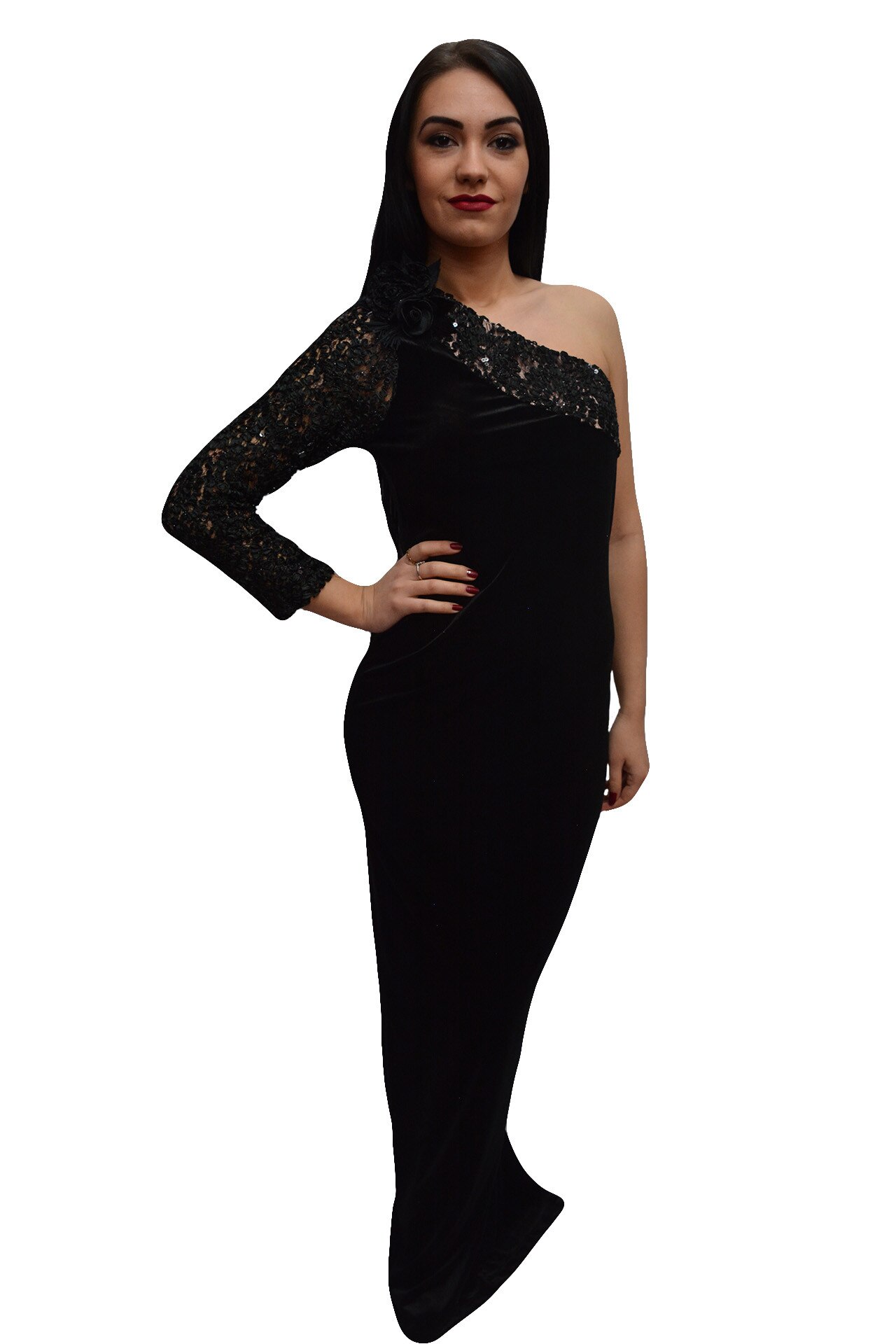 Rochie feminina de ocazie, model one-shoulder,D&J Exclusive, Negru