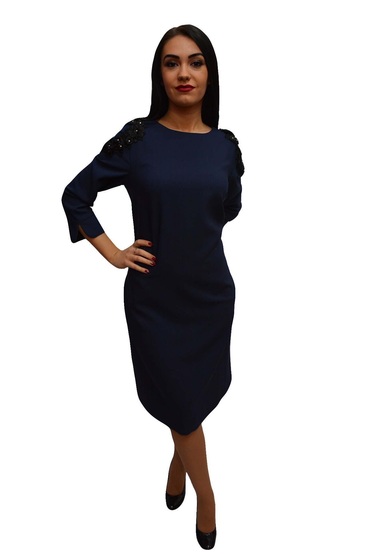 Rochie cu insertii florale la umar si buzunare ascunse,masura mare,D&J Exclusive, Bleumarin