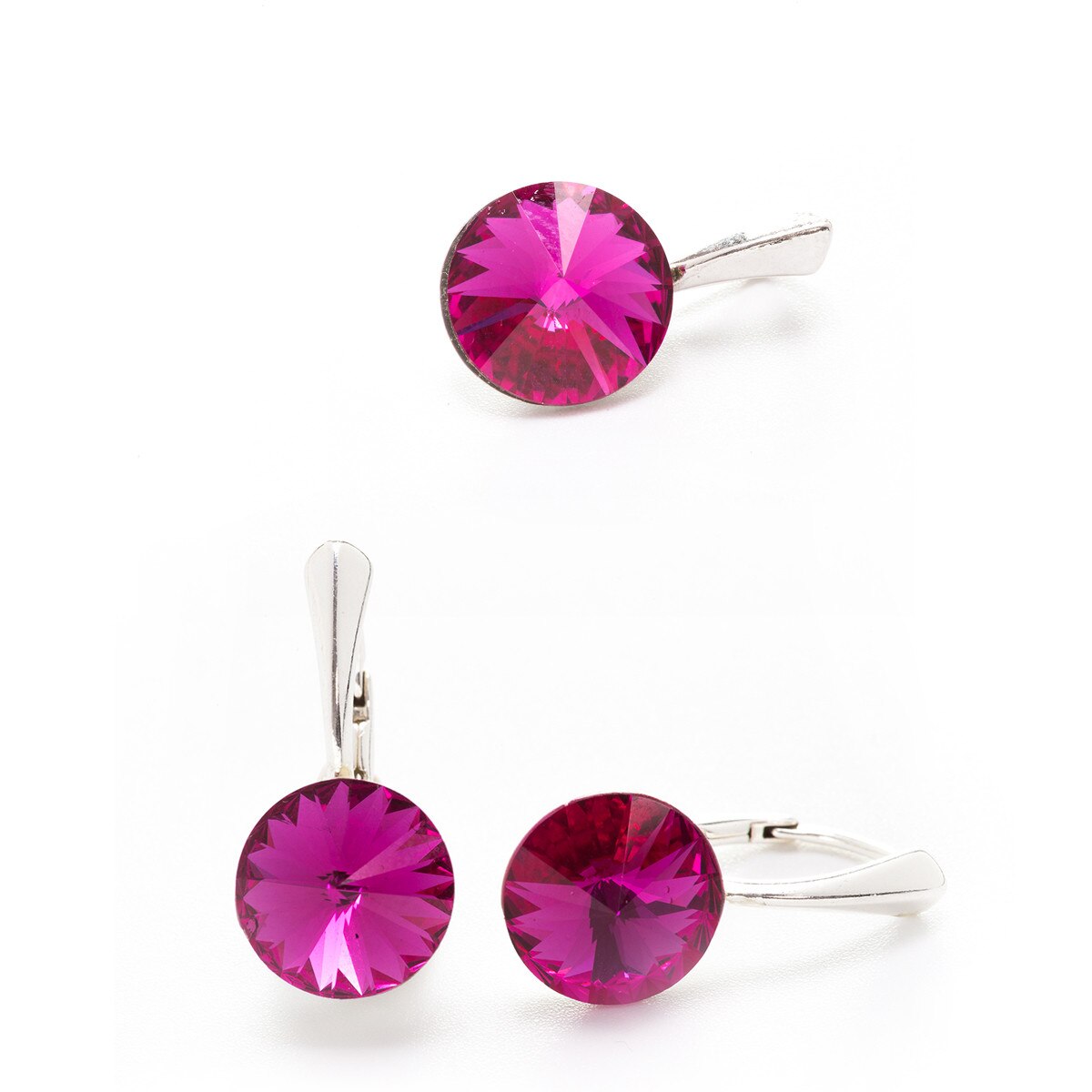 Set Argint DaviCrystals cu cristale cercei cu un cristal cu leverback mare si pandantiv fuchsia