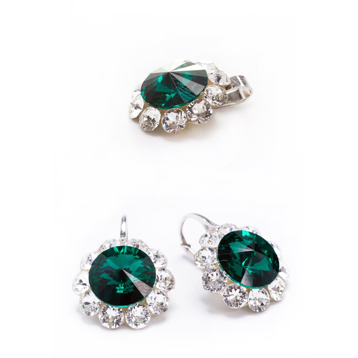 Set Argint DaviCrystals cu cristale cercei floarea soarelui cu leverback mic si pandantiv emerald