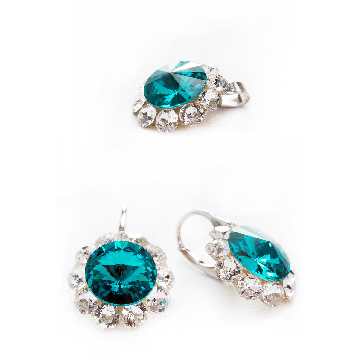 Set Argint DaviCrystals cu cristale cercei floarea soarelui cu leverback mic si pandantiv blue zircon