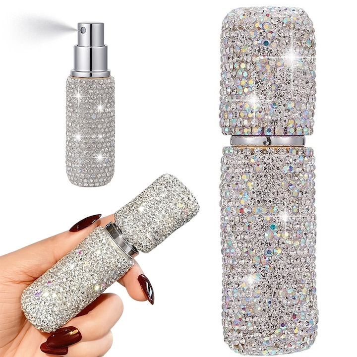 Sticluta reincarcabila de parfum cu atomizor, Zola, 10 ml, metalica, 10.5 x 2.7 cm, cristale argintii