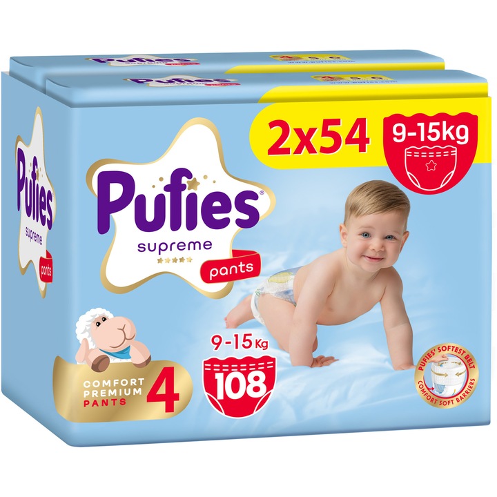 Scutece-Chilotel Pufies Supreme, marimea 4 Maxi, 108 bucati, 9-15 kg, 2x Jumbo Pack
