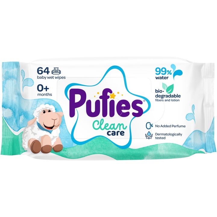 Pufies Clean Care nedves törlőkendő, 99% víz, 12x64 db