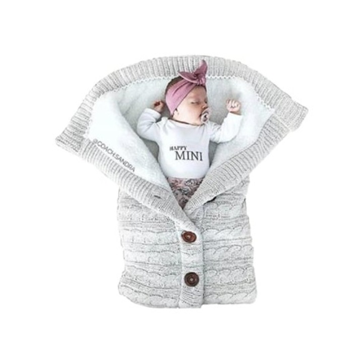 Sac de dormit cald pentru bebelusi, model tricotat, 0-12 luni, gri