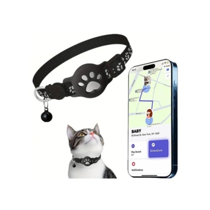 Zgarda pentru pisici cu tracker negru, compatibil iOS, neagra