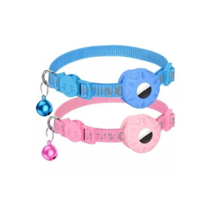 Zgarzi pentru pisici reflectorizante cu suport pentru Air Tag si clopotel, set de 2, roz si albastru