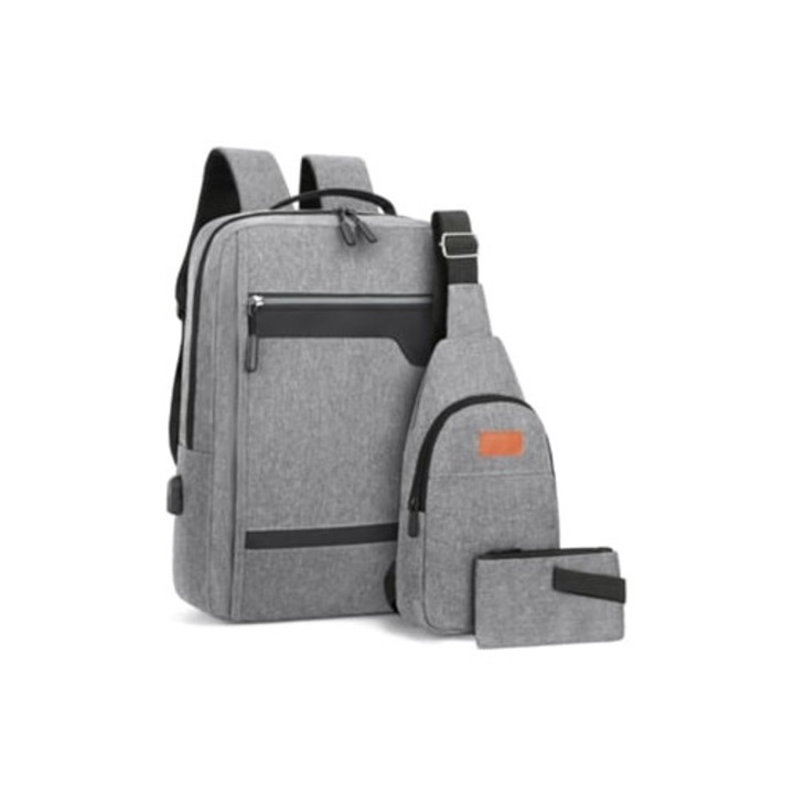 Set rucsac laptop, 3 piese, gri, pentru calatorii