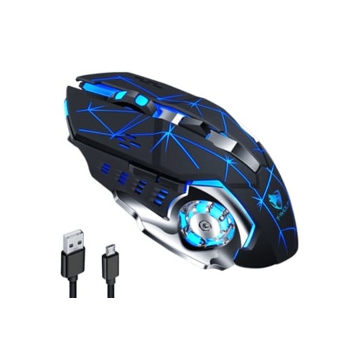 Mouse de gaming wireless, cu butoane laterale, reincarcabil, cu lumini, multicolor