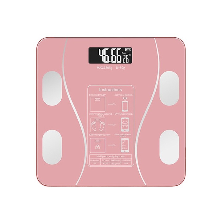 Кантар Електронен Интелигентен За Баня С Приложение Smart, За Тяло, Дигитален Осветен Екран, Термометър, Максимално Поддържа 180 Кг, 26 x 26 см, Батерии, Розов