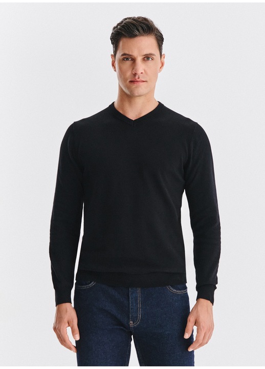 Pulover barbatesc negru din bumbac cu decolteu in V Pako Lorente, Negru