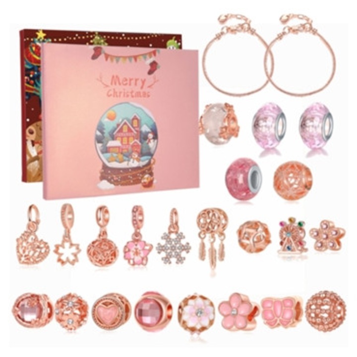 Bratara de Craciun DIY, margele roz aurii, set cadou, SIURN