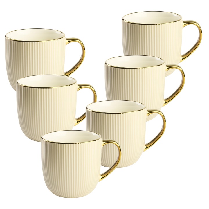 Set 6 cesti portelan Festa Italia 400 ml, bej cu maner auriu, suprafata texturata