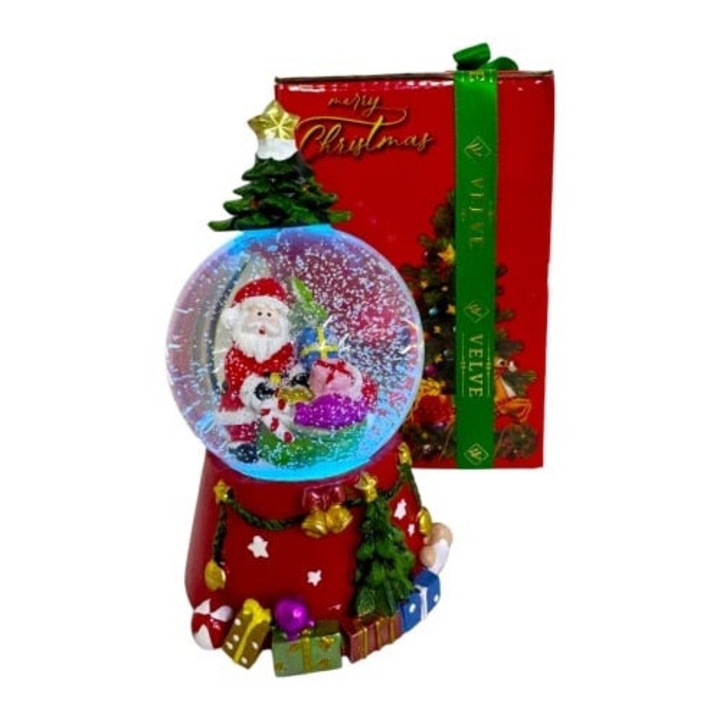 Glob muzical, cu Mos Craciun, cu lumina LED, in cutie cadou rosie, 15x8 cm, Velve