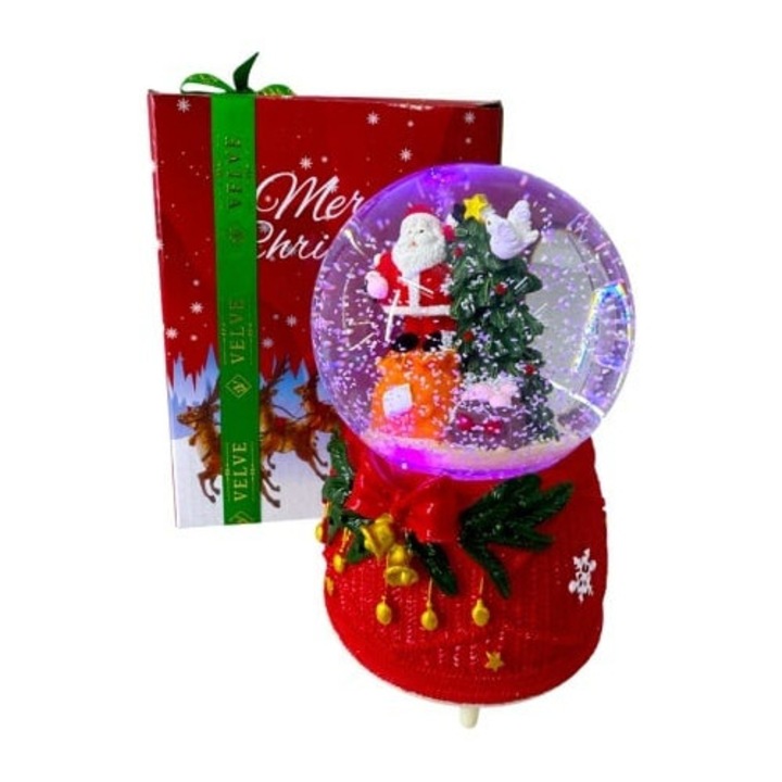 Glob decorativ cu Mos Craciun si brad impodobit, muzical, luminos si cu efect automat de ninsoare, 16x10 cm, Velve