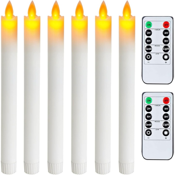 Set 6 lumanari cu LED, Forma Clasica, Invelite in ceara naturala, Lumina intermitenta calda, Telecomanda, cu baterii, Alb