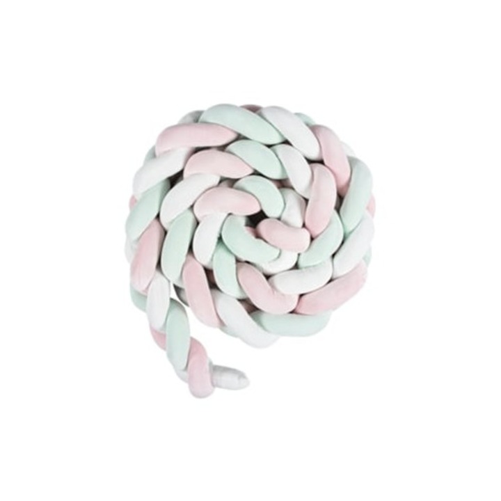 Protectie cap pentru pat bebelusi, 4 metri, impletitura tripla, alb, roz deschis, verde deschis