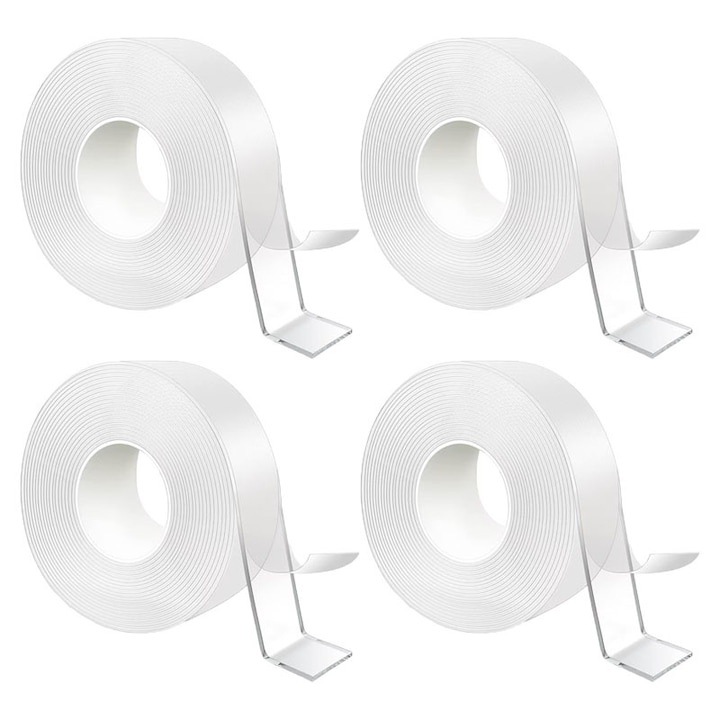 Комплект от 4 прозрачни двойнозалепващи ленти, 5 метра на ролка, силиконови, гъвкави, водоустойчиви, многократни, не оставят следи, приложими върху различни повърхности