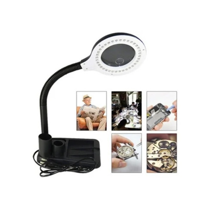 Lampa cosmetica cu lupa, 5x si 10x, brat flexibil, lumina LED ajustabila prin atingere